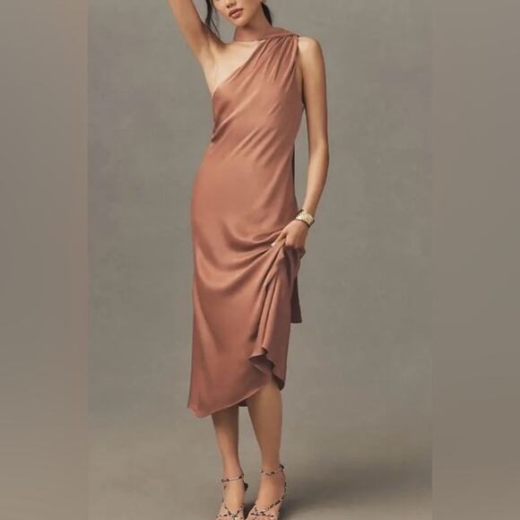 BHLDN Anthropologie Nicoletta One Shoulder Scarf Satin Midi Dress Cedar Brown XL - Picture 15 of 15